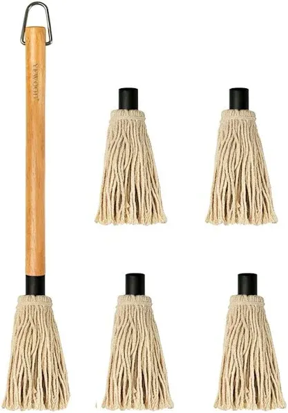 18 Inches BBQ Mop with Wooden Handle and 4 Extra Replacement Cotton Fiber Basting Mop Heads for Grilling and Smoking Steak