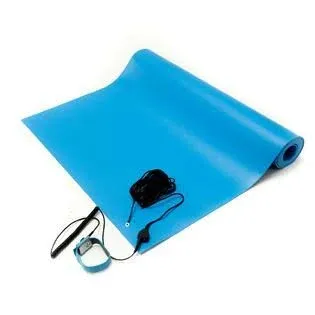 Bertech ESD Anti-Static Table Mat Kit, 18 In. x 30 In., Blue, Includes an ESD Wrist Strap and ESD Grounding Cord, MADE IN USA