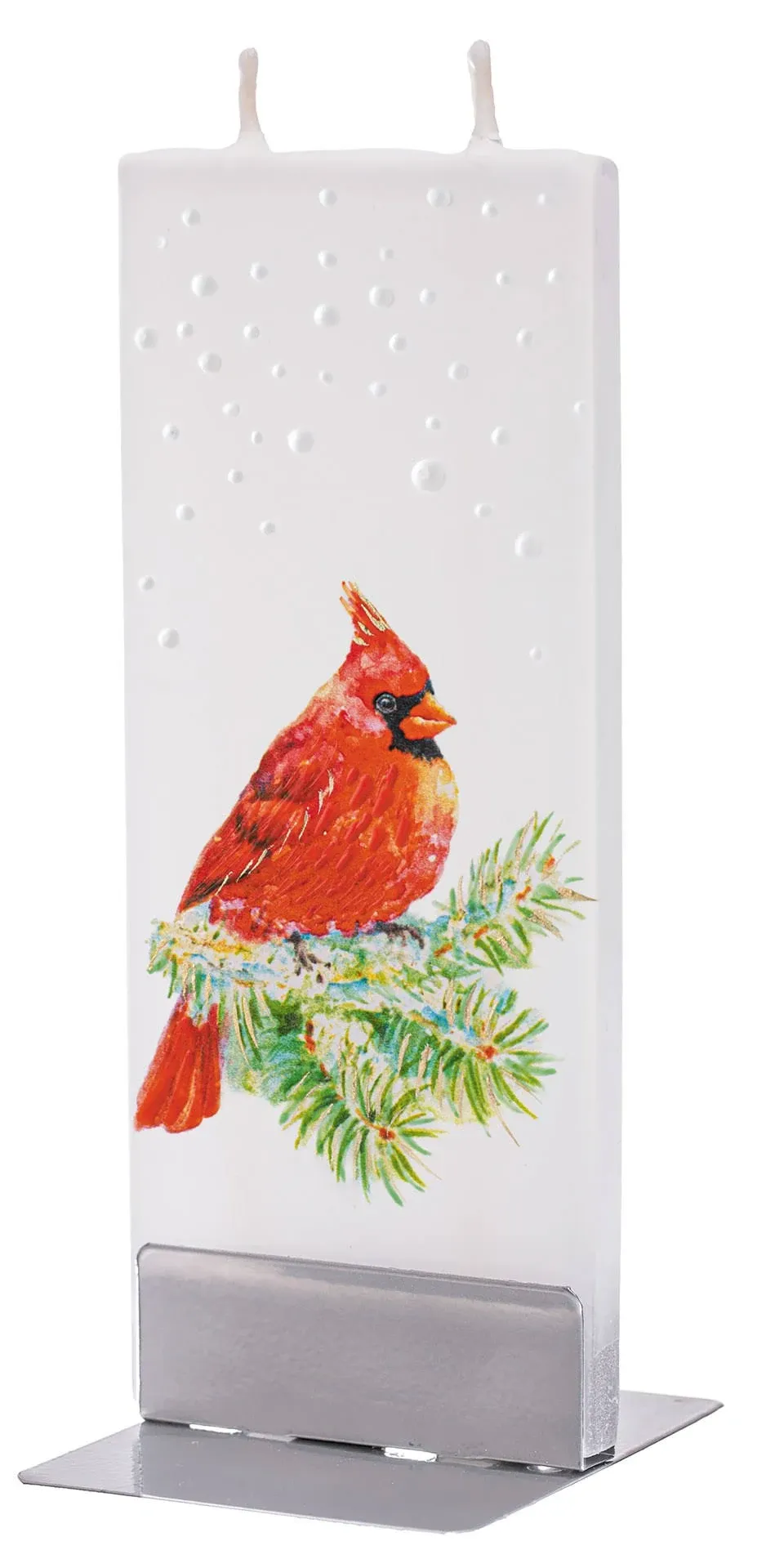 Flatyz Snowy Cardinal on Pine Branch Flat Candle