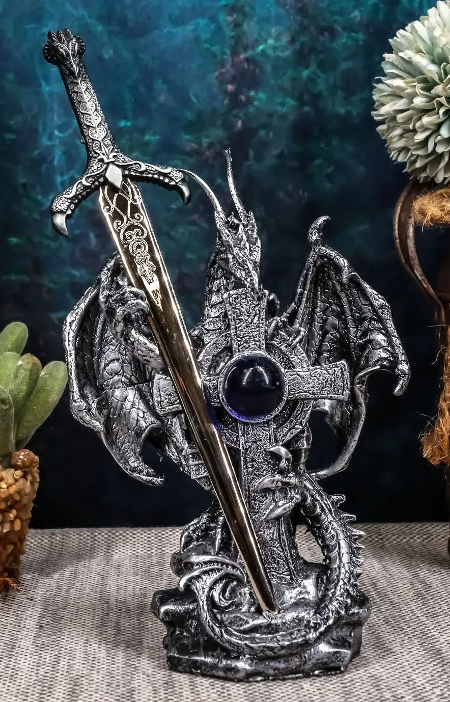 Ebros Gift Legendary Silver Dragon Protecting Castle Tower Letter Opener Figurine Sculpture Home and Office Decorative Sculpture Medieval Renaissance Dungeons and Dragons Fantasy