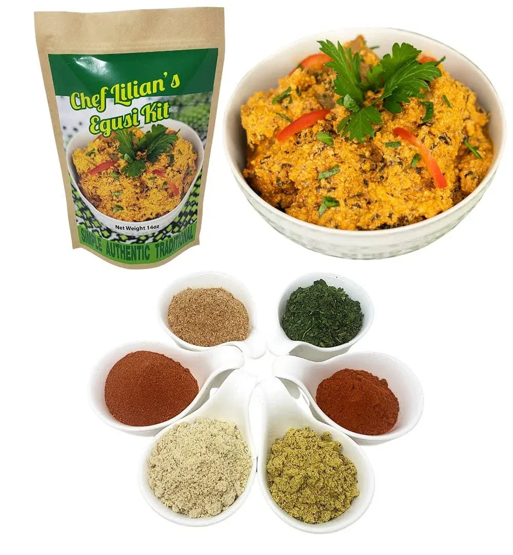 Chef Lilian's Egusi Kit- Nigerian West African Food Kit with Ground Melon Seeds (Egusi), Dehydrated Spinach, Seasoning, Hot Chili Powder, Soup Mix 4 Servings (Pack of 1)