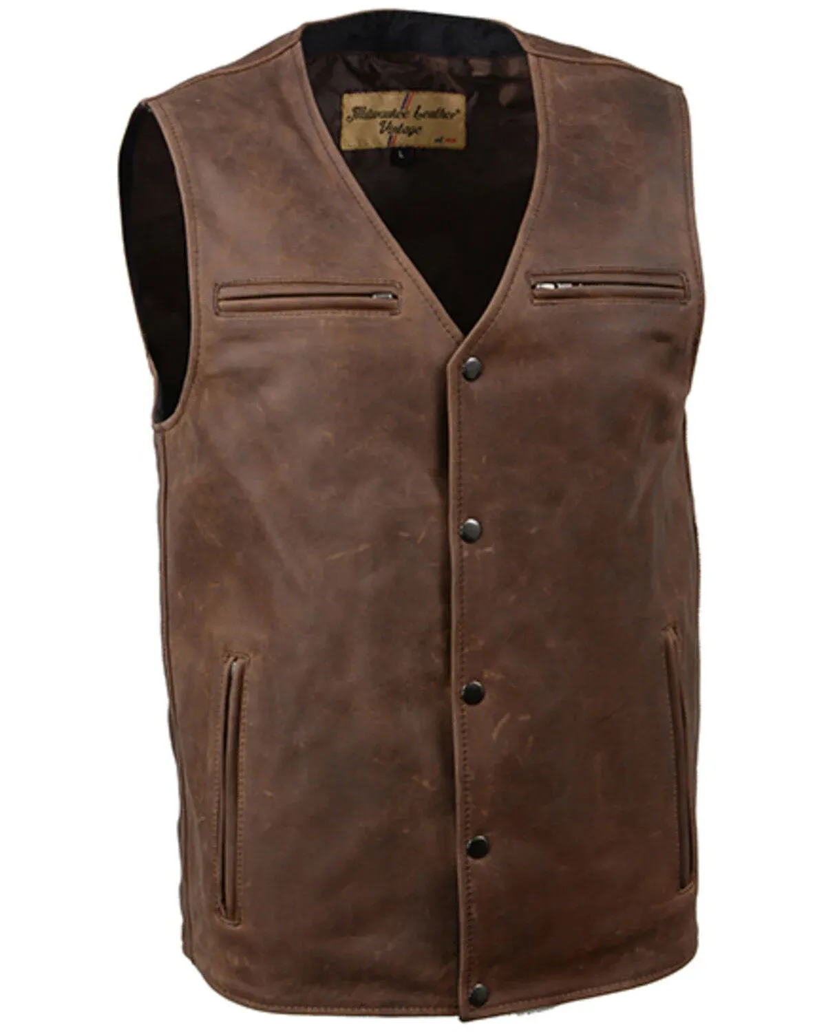 Milwaukee Leather MLM3518 Men's Gambler Snap Front Vintage Crazy Horse Brown Motorcycle Leather Vest