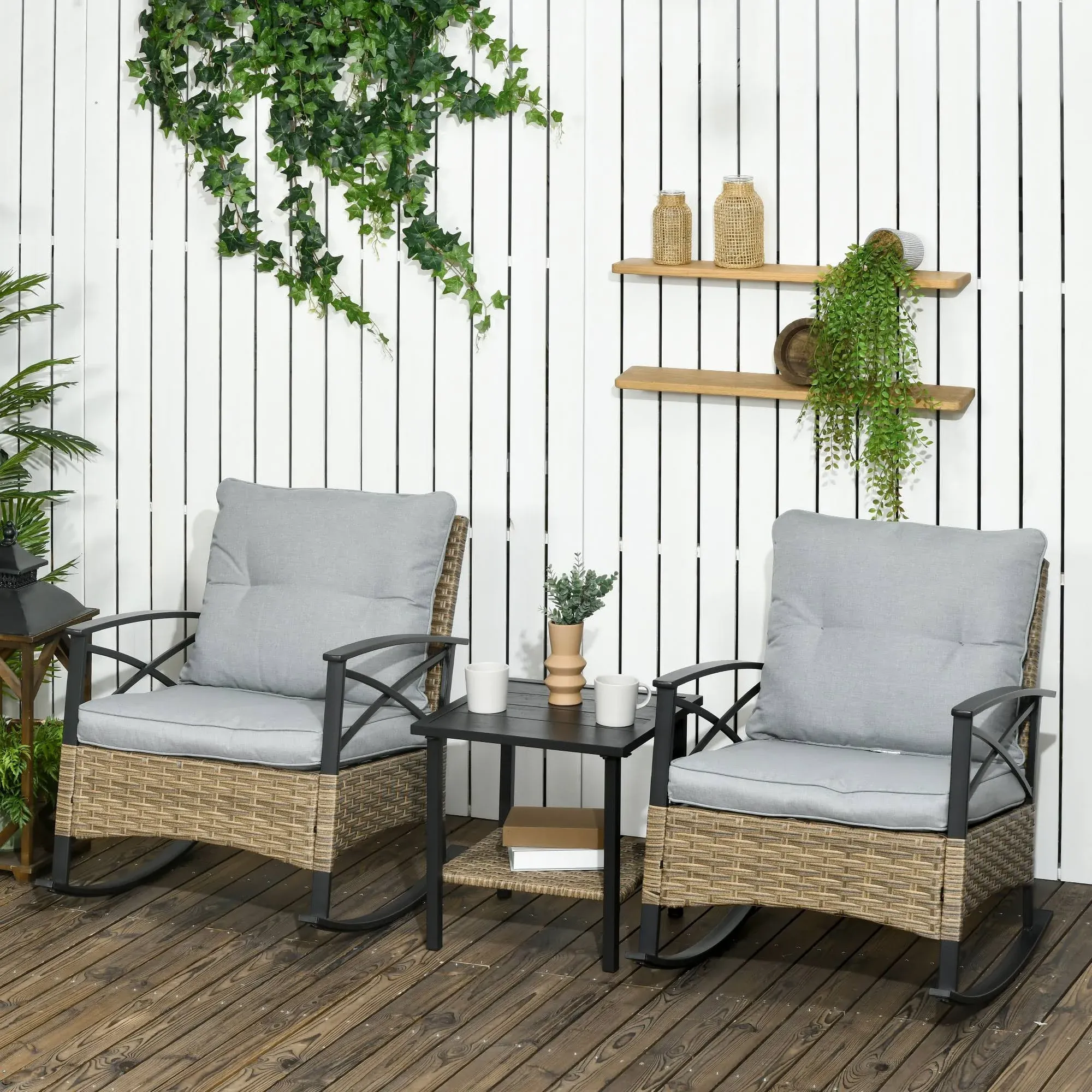 Outsunny 3 Piece Rocking Wicker Bistro Set Outdoor Patio Furniture Set with two Porch Rocker Chairs