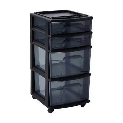 Homz Plastic 4 Drawer Medium Cart, Black Frame with Smoke Tint Drawers, Casters Included, Set of 1