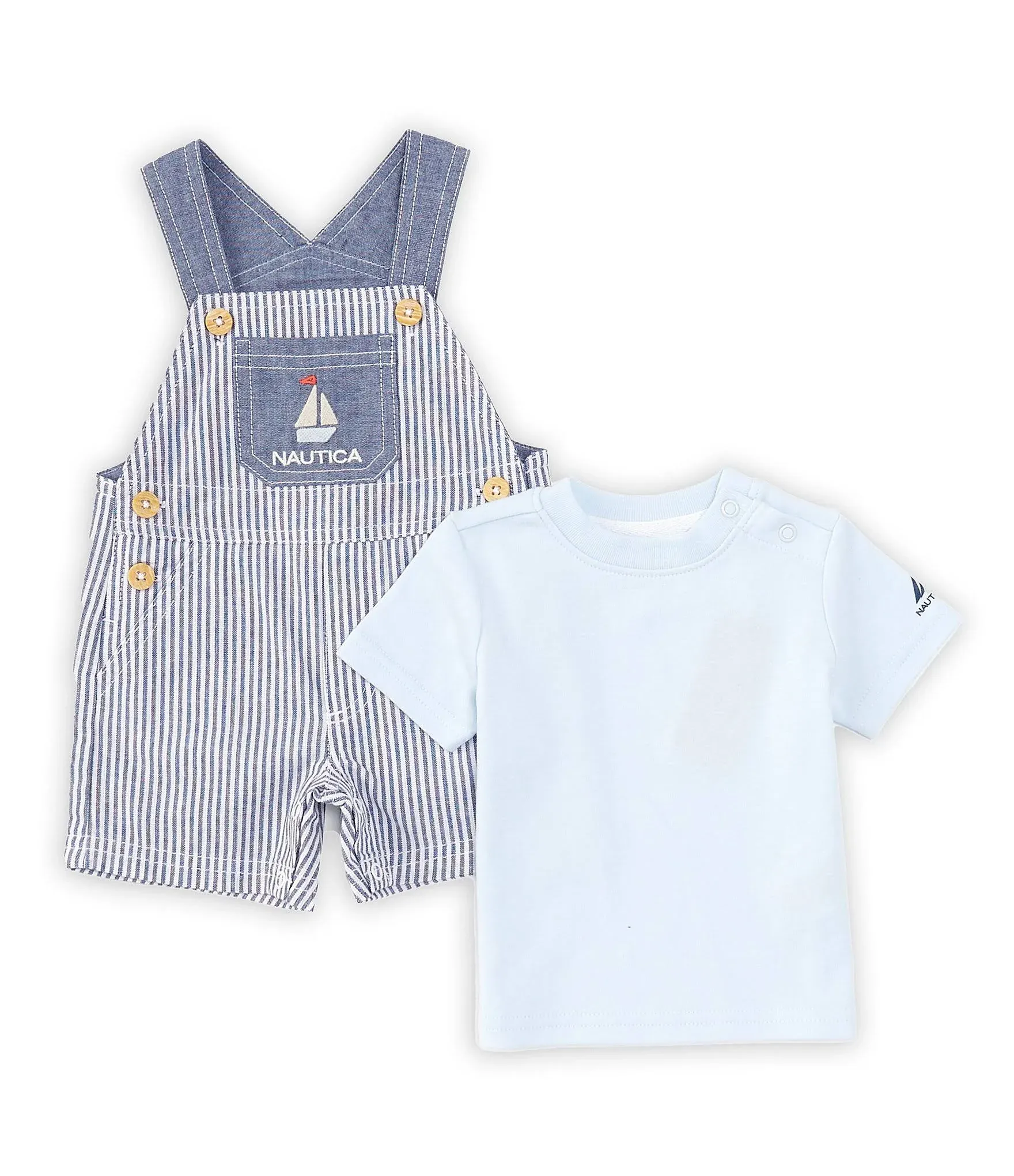 Nautica Baby Boys Newborn-6 Months Sleeveless Striped Woven Oxford Shortall Short-Sleeve Solid Interlock T-Shirt Set - Newborn