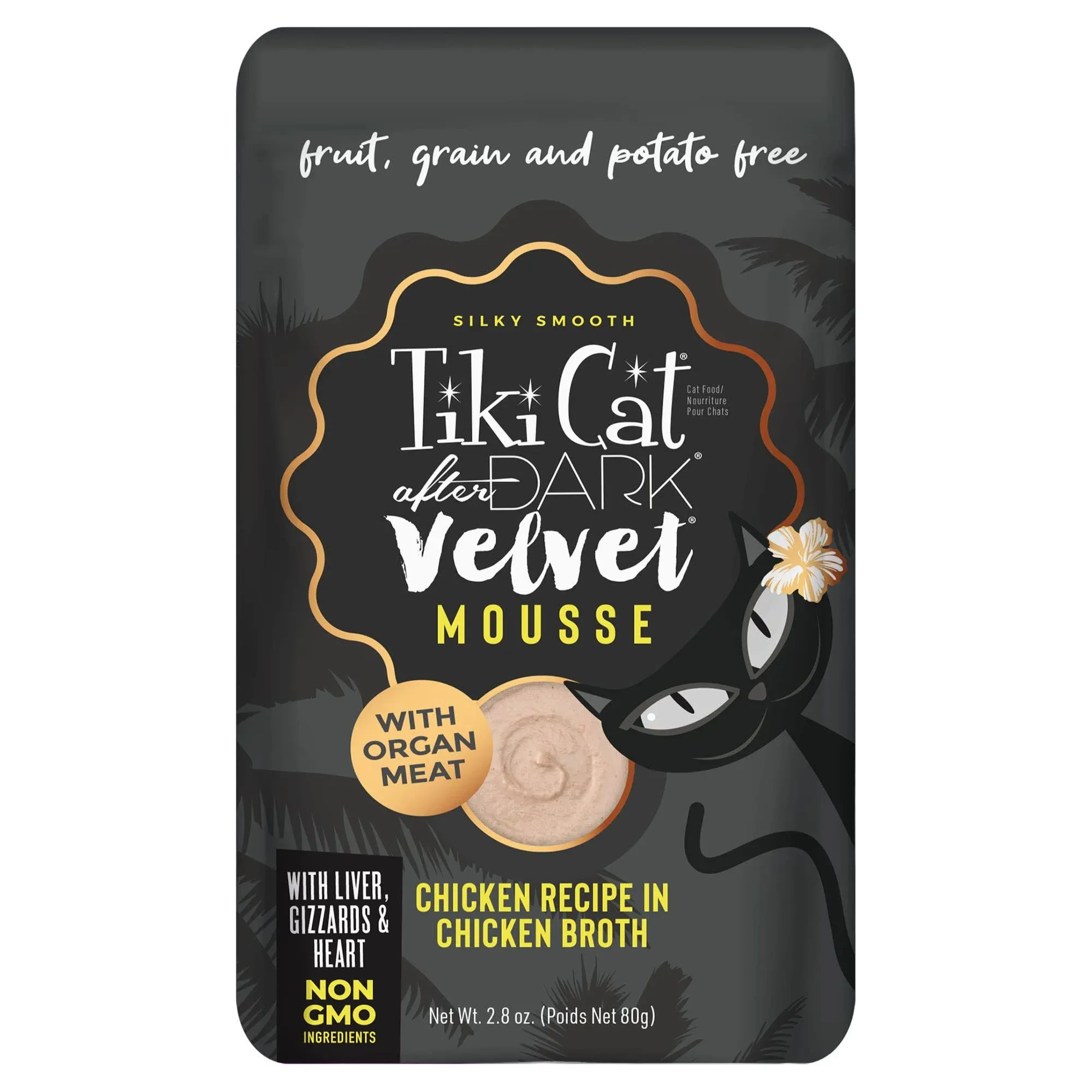 Tiki Cat After Dark, Velvet Mousse, Chicken Recipe in Chicken Broth, Grain & Potato Free Formula, with High Protein & Nutrient Dense Blended Irresistible Organ Meat, 2.8 oz. Pouch (Pack of 12)