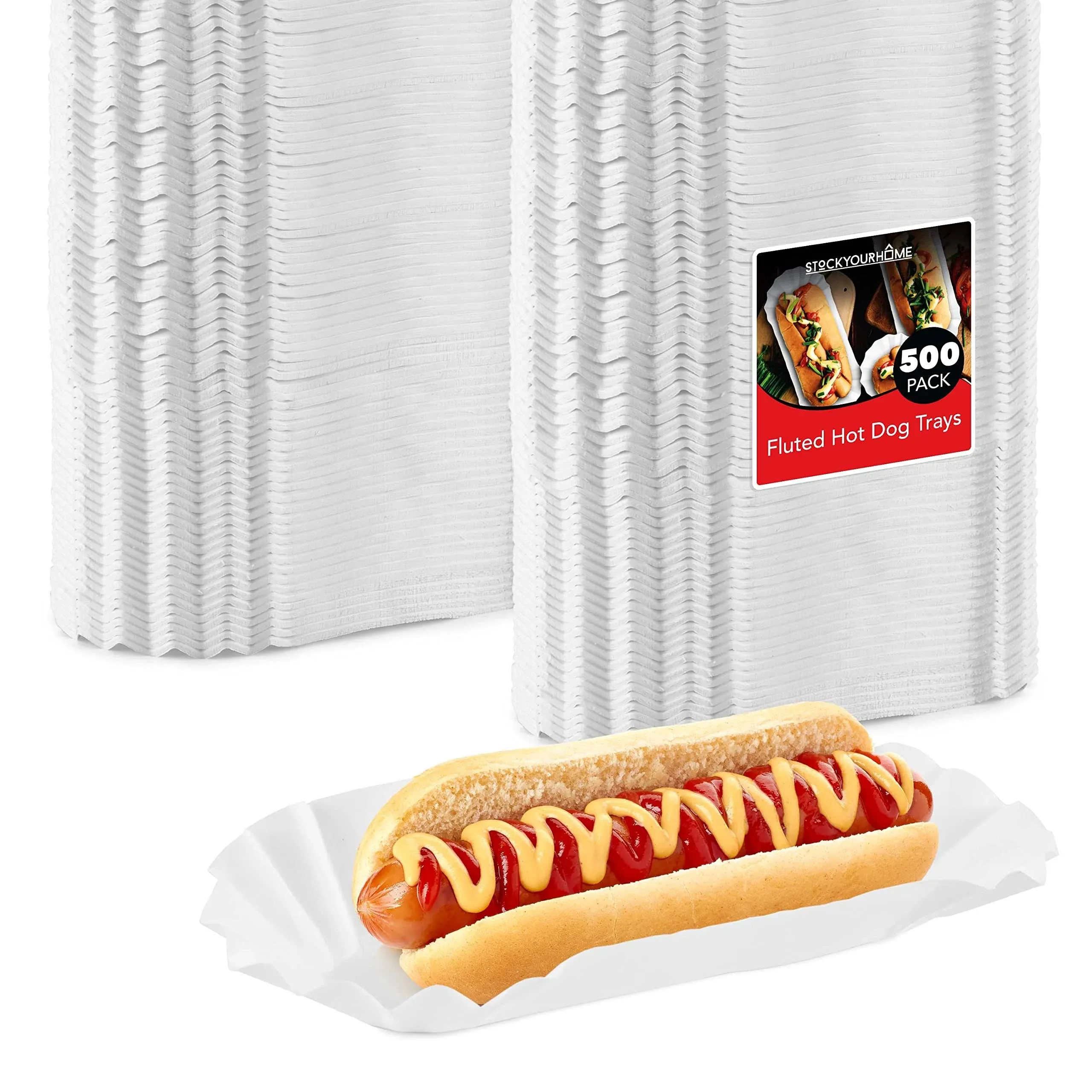 Stock Your Home Fluted Hot Dog Trays (500 Pack) 6” Fluted Paper Hot Dog Liners - Disposable White Hot Dog Wrappers - Rectangular Food Trays for To-Go Orders, Takeout, Concessions Stands, Festivals