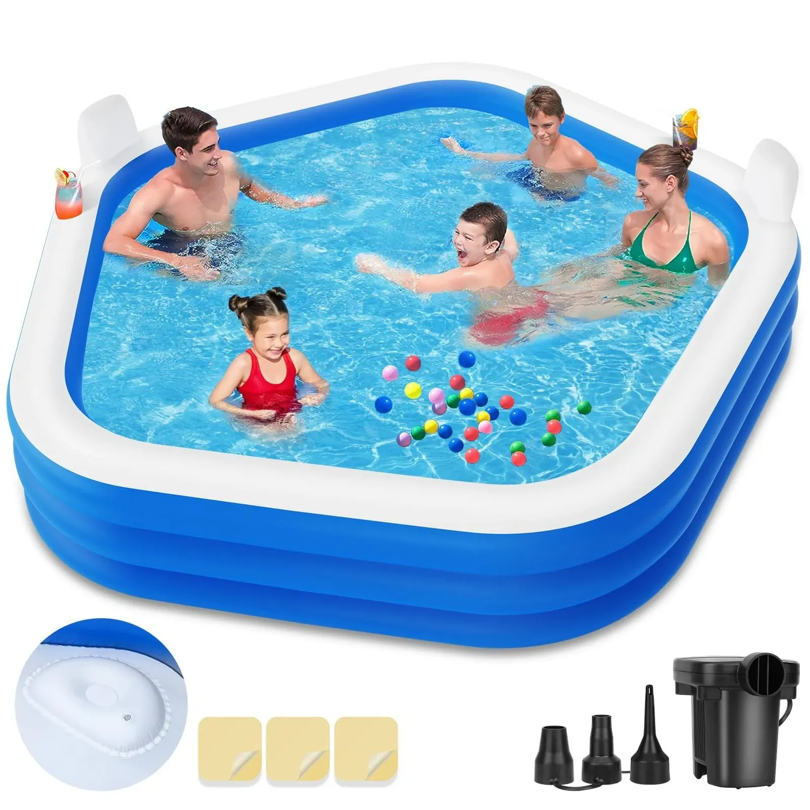 Inflatable Swimming Pool with Pump, 90" x 90" x 26" Kiddie Pool with SEATS and Headrests, Oversized Thickened Blow-Up Pool for Kids, Adults, Family,