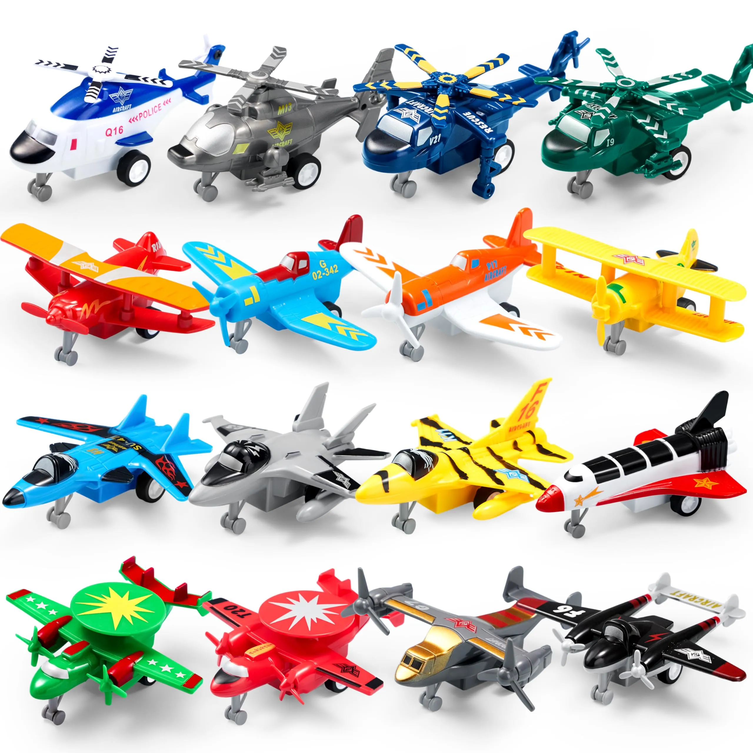 JOYIN 16 Pcs Pull Back Airplane Toys, Boys Plane Playset, Aircraft Including Helicopter Toys, Fighter Jet Toys, Bomber Toys, Biplane Toy, Gifts for