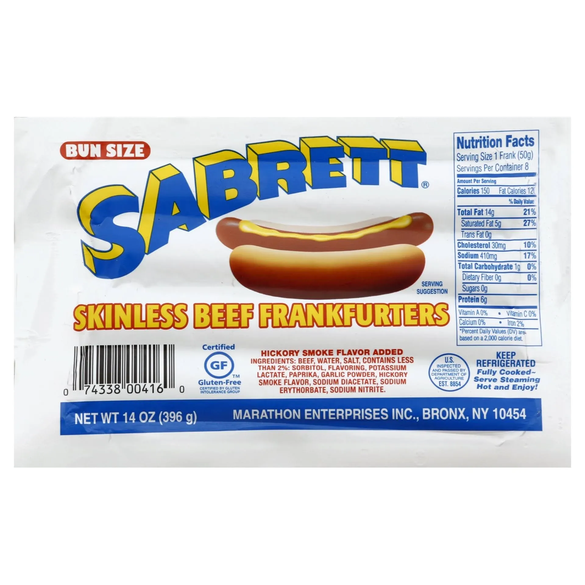 Sabrett Frankfurters, Beef, Skinless, Bun Size