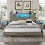 King Size Bed Frame with LED Lights and Charging Station and Storage Headboard,Farmhouse Metal Platform Bed Frame with Sliding Barn Door, No Box Spring Needed, Rustic Oak