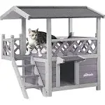 Morgete Wood Cat House with Balcony Outdoor Kitty Shelter with Stairs