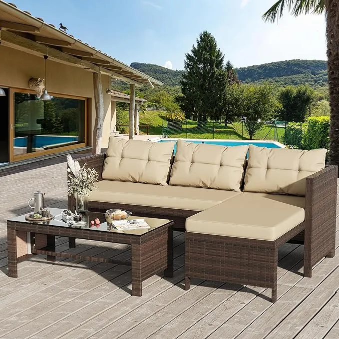 Shintenchi Outdoor Patio Furniture Sets, Wicker Patio sectional Sets 3-Piece, All Weather Wicker Rattan Patio Seating Sofas with Glass Coffee Table and Cushion (Beige)