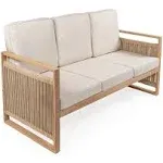 Jonathan Y Gable 3-Seat Mid-Century Modern Roped Acacia Wood Outdoor Sofa with Cushions