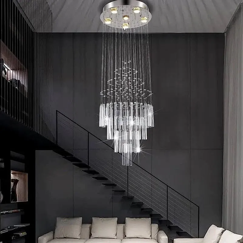 6-Light Flush Mount High Ceiling Chandelier, Modern Raindrop Crystal Chandeli...