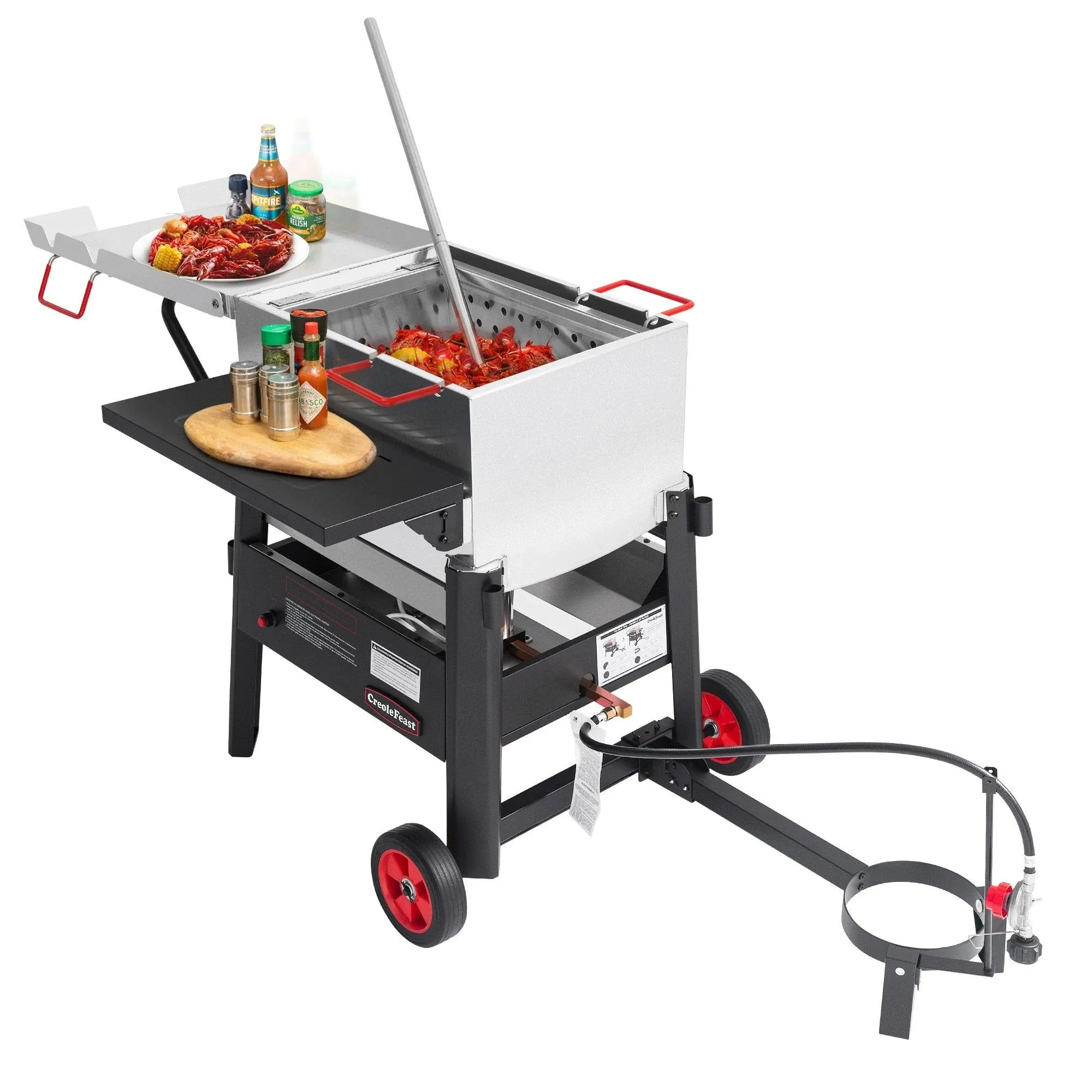 Creole Feast CFB3001 70 QT Crawfish Boiler, Outdoor Single Sack Propane Gas Seafood Cooker with Foldable Cylinder Bracket and Stirring Paddle for Seafood & Crawfish Season, Silver & Black