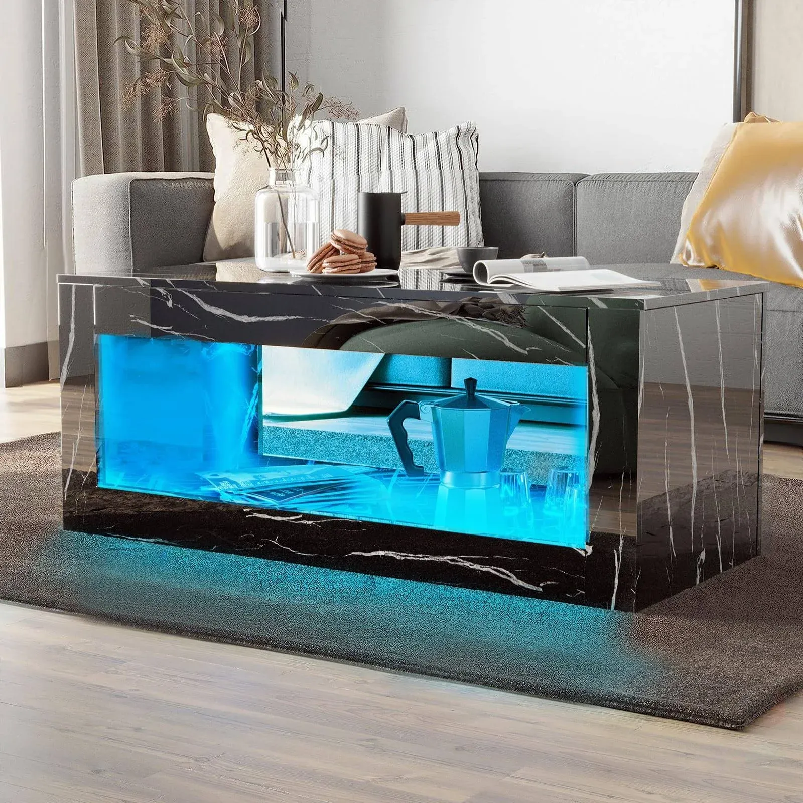 47.2 inch LED Coffee Table with Large Open Storage, Modern High Gloss Coffee Table with 16 Colors LED Lights, Living Room Rectangle Center End Table with Marbling Print, Black