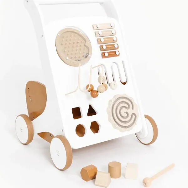 GATHRE Baby Activity Walker | Wooden Push Baby Walker with Wheels | Busy Board and Toys Included | Great for Ages 12+ Months | Easily Wipeable | Modern Beige Aesthetic | 20in x 13in x 12.5in