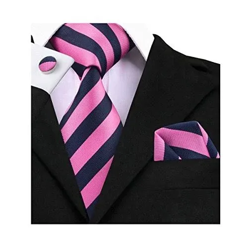 Barry.Wang Stripe Men Ties Set Classic Woven Necktie with Handkerchief Cufflinks Formal