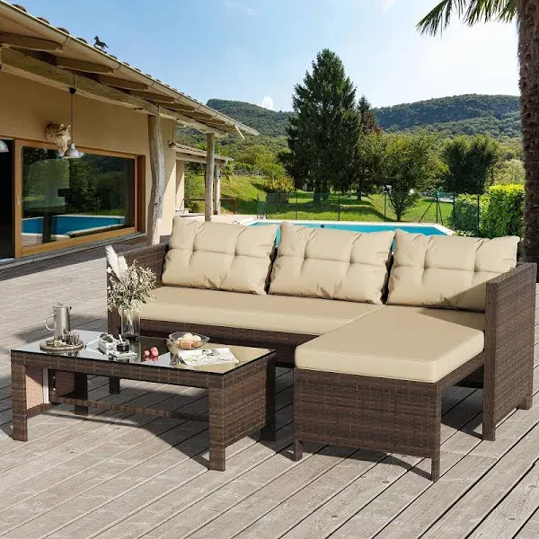 Shintenchi Outdoor Patio Furniture Sets, Wicker Patio Sectional Sets 3-Piece, All Weather Wicker Rattan Patio Seating Sofas with Glass Coffee Table