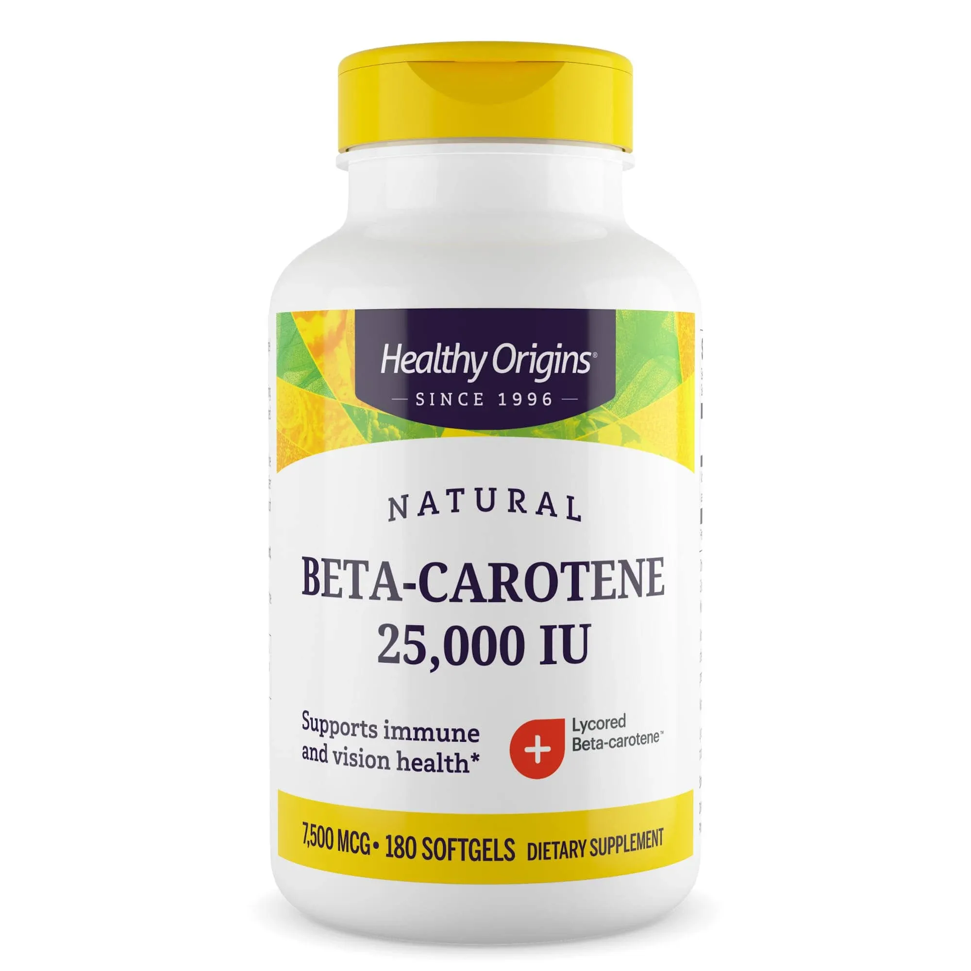 Healthy Origins Beta-Carotene 25,000 IU (7,500 mcg), Natural Beta-Carotene, Immune Support, Vision Support, Non-GMO, Gluten-Free, 180 Softgels