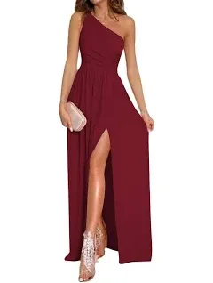 LYANER Women's One Shoulder High Split Sleeveless Ruched Sexy Cocktail Maxi Long Dress