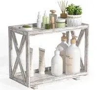 Tikea Bathroom Organizer Countertop, 2-Tier Bathroom Tray, Rustic Wood Vanity Organizer, Cosmetics Skincare Perfume Storage, for Kitchen, Bathroom, Dresser, Counter Decor (White)