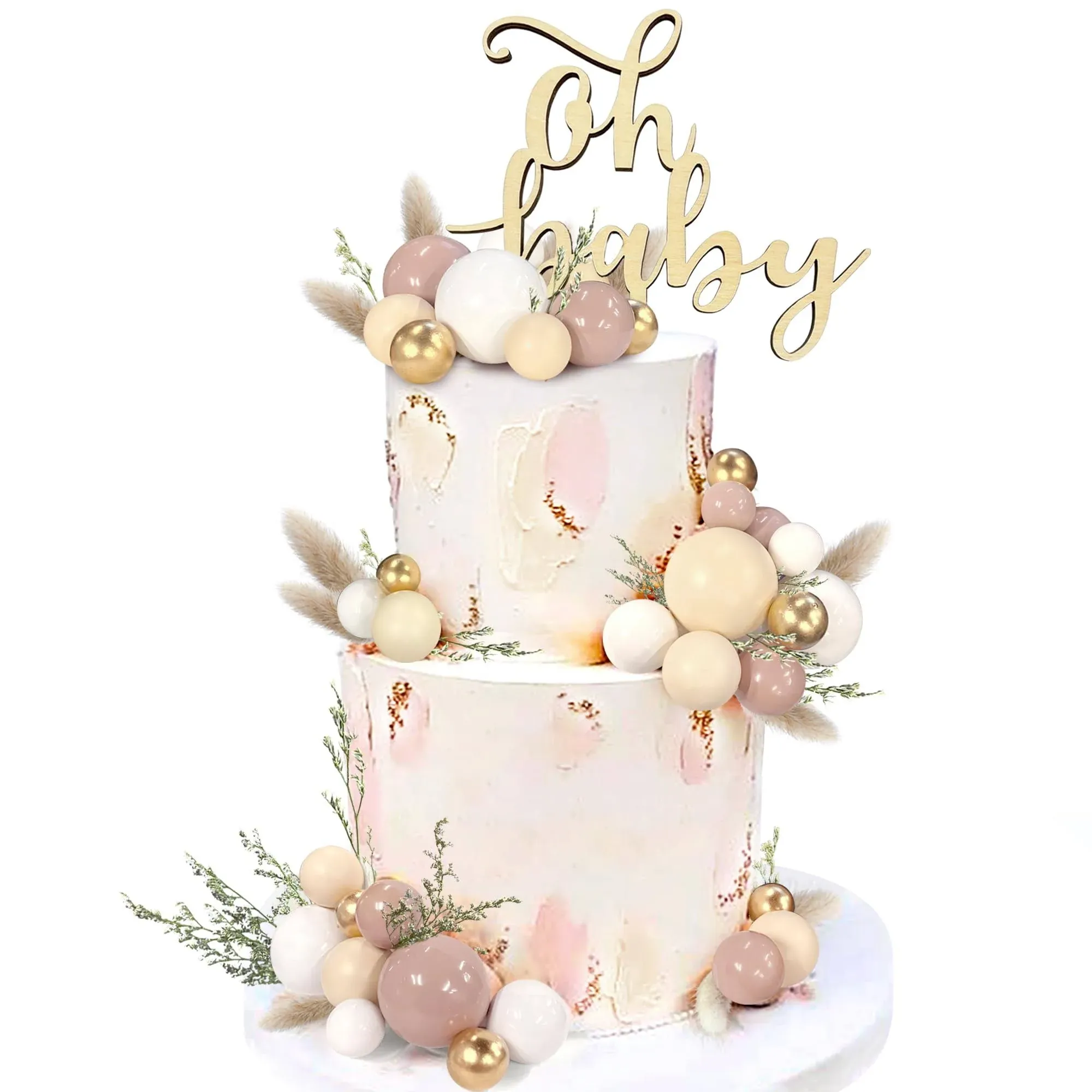 Wood Oh Baby Cake Topper - Boho Cake Toppers with Decorative Balls and Dried Flowers Baby Shower Decorations Rural Style Athenian Chic Design 5.91*7.87 inches