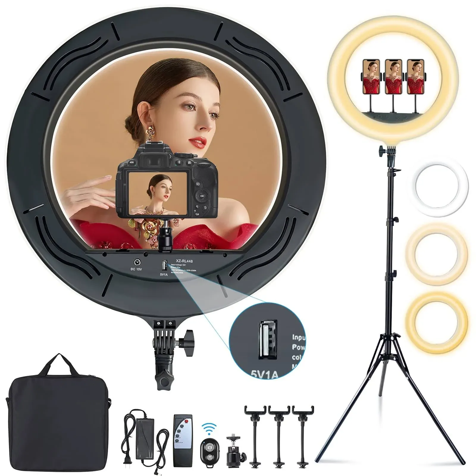 18&#034; Ring Light Kit 55W Bluetooth LED Ringlight Lighting with Tripod Stand Dimmab