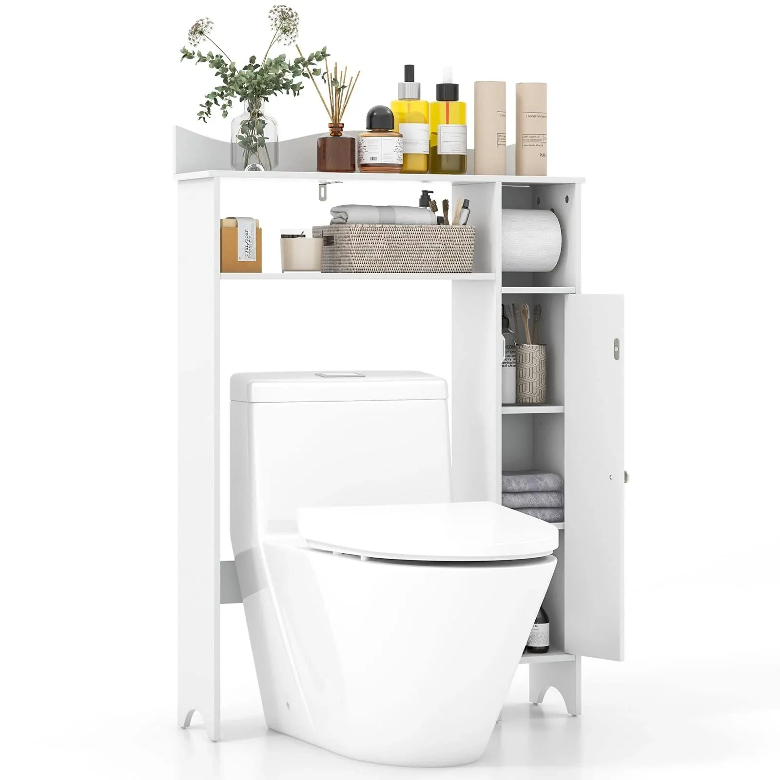 Tangkula Over The Toilet Storage Cabinet, Bathroom Space Saver w/Adjustable Shelves & Paper Holder, Freestanding Above Toilet Organizer w/ 2 Side & Pull-Down Door for Bathroom Storage (White)