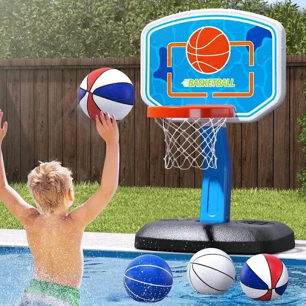 HYES Pool Basketball Hoop Poolside Pool Toys with Adjustable Height/4 Balls/2 Nets/Pump for Indoor Outdoor