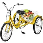 VEVOR Yellow Adult Tricycle 24'' 1-Speed 3 Wheel Bikes, Foldable Adult