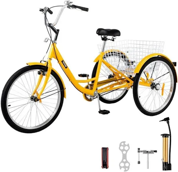 VEVOR Yellow Adult Tricycle 24'' 1-Speed 3 Wheel Bikes, Foldable Adult