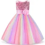 Uhnice Little Girl's Sequin Sleeveless Mesh Rainbow Dress for Wedding Party