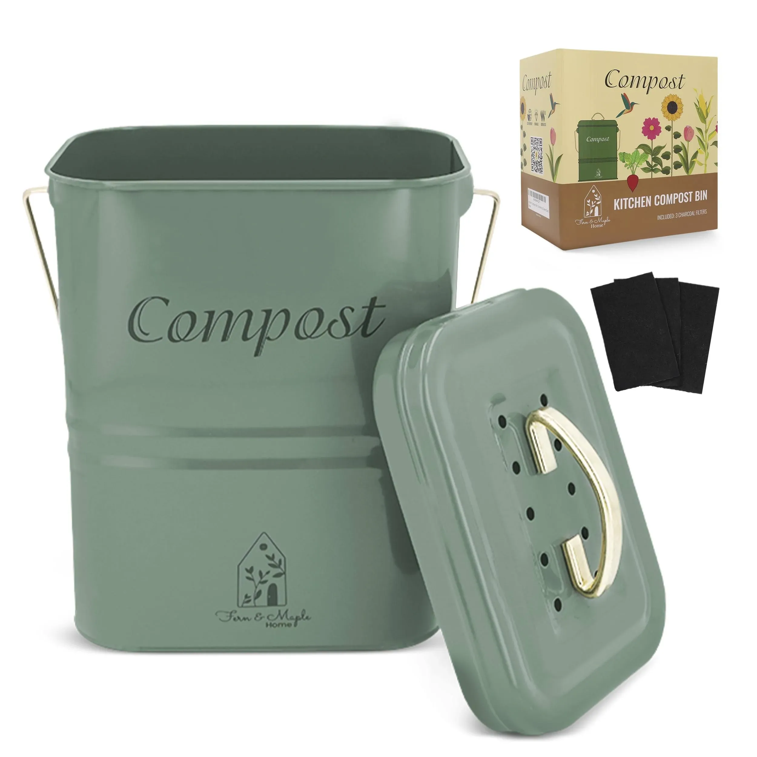 Compost Bin Kitchen Counter – 1 Gal with Lid & 3 Charcoal Filters, Small Square Countertop Composting Bin Fits Against Wall - Space Saving for Food Scraps, Odor-Free Countertop Compost Bucket