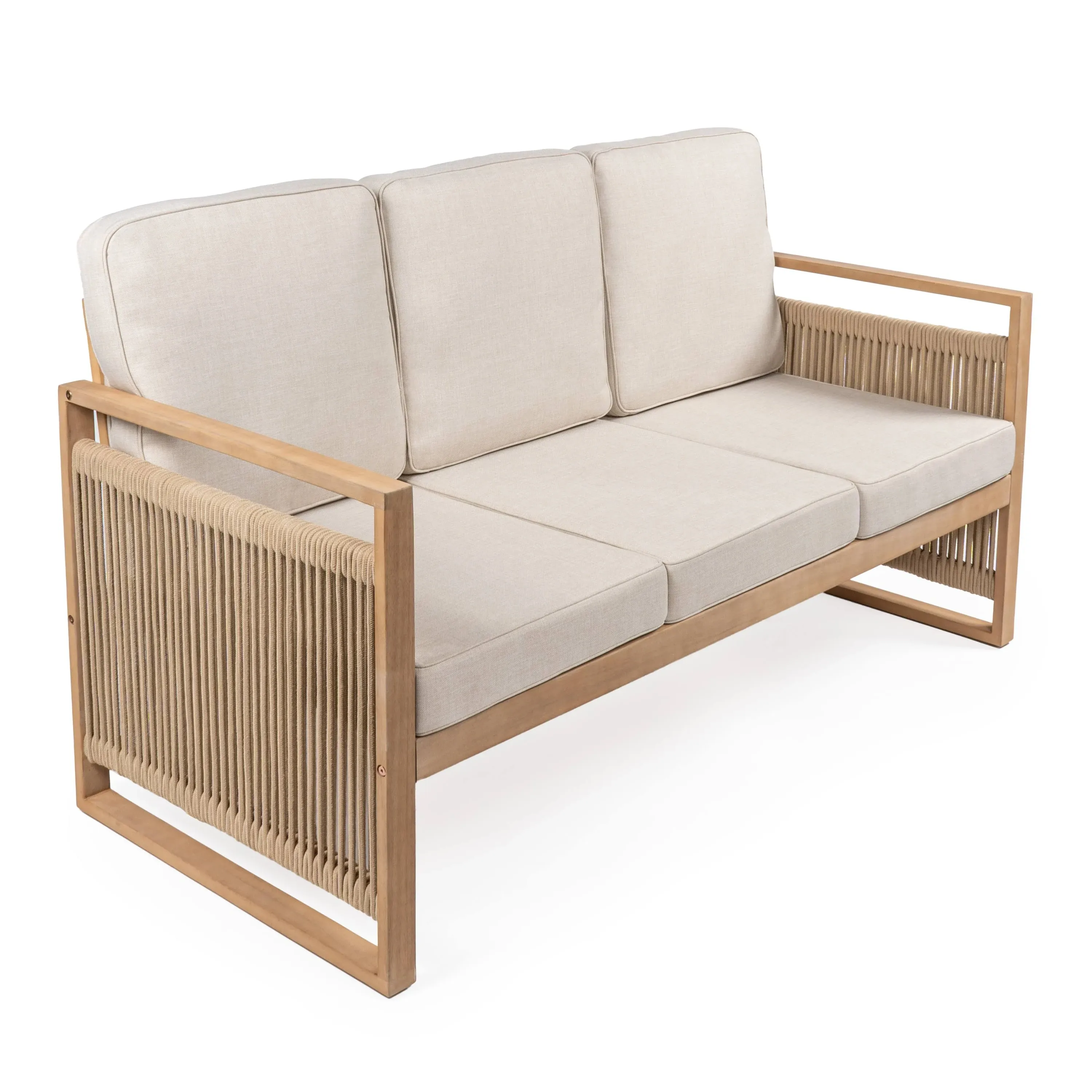 JONATHAN Y SFB1002 Gable 3-Seat Mid-Century Roped Acacia Outdoor Sofa w/ Cushion