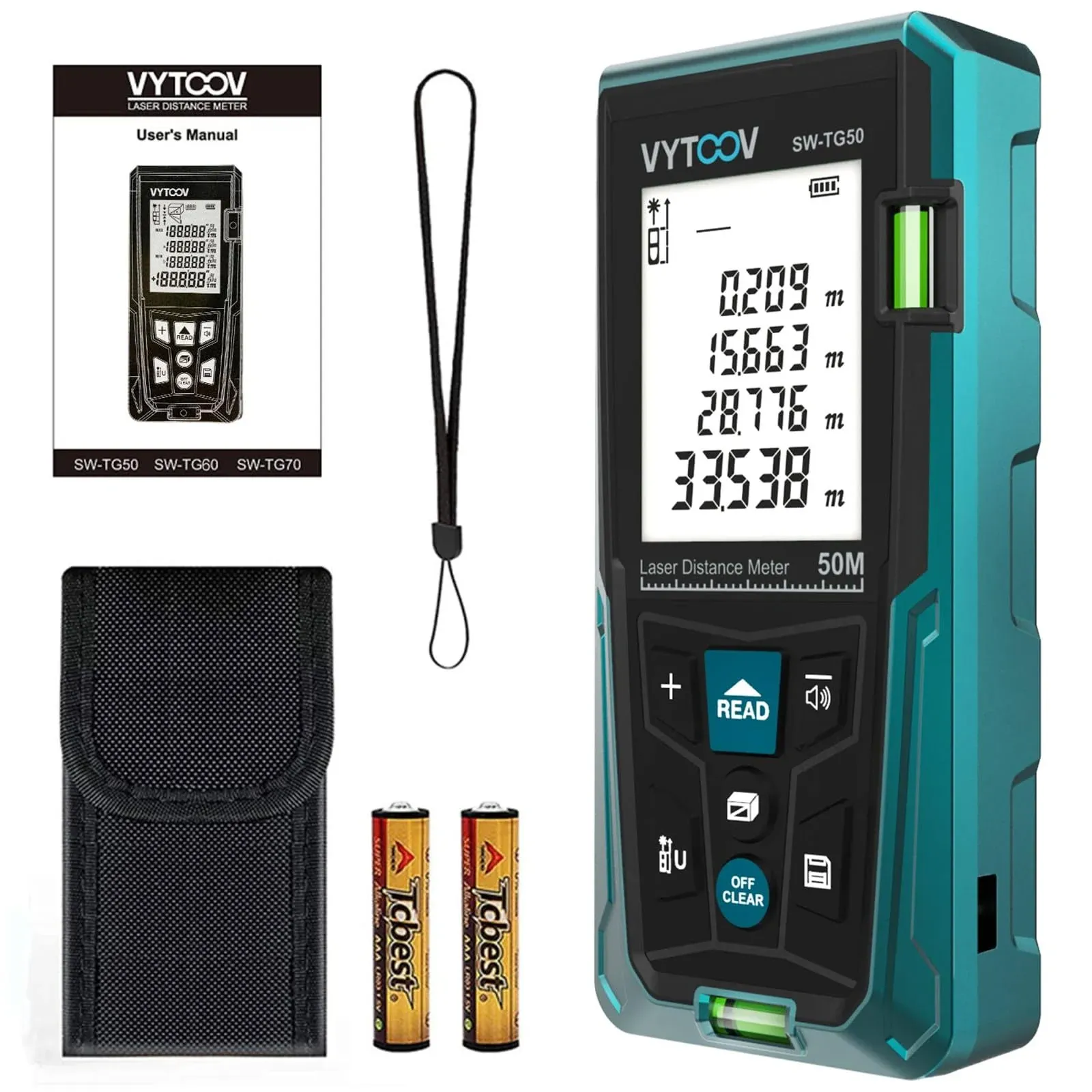 Laser Measure Laser Distance Meters with 2 Bubble Levels, Backlit LCD and Pythagorean Mode, Distance, Area and Volume Measurement Tool, Carry Pouch