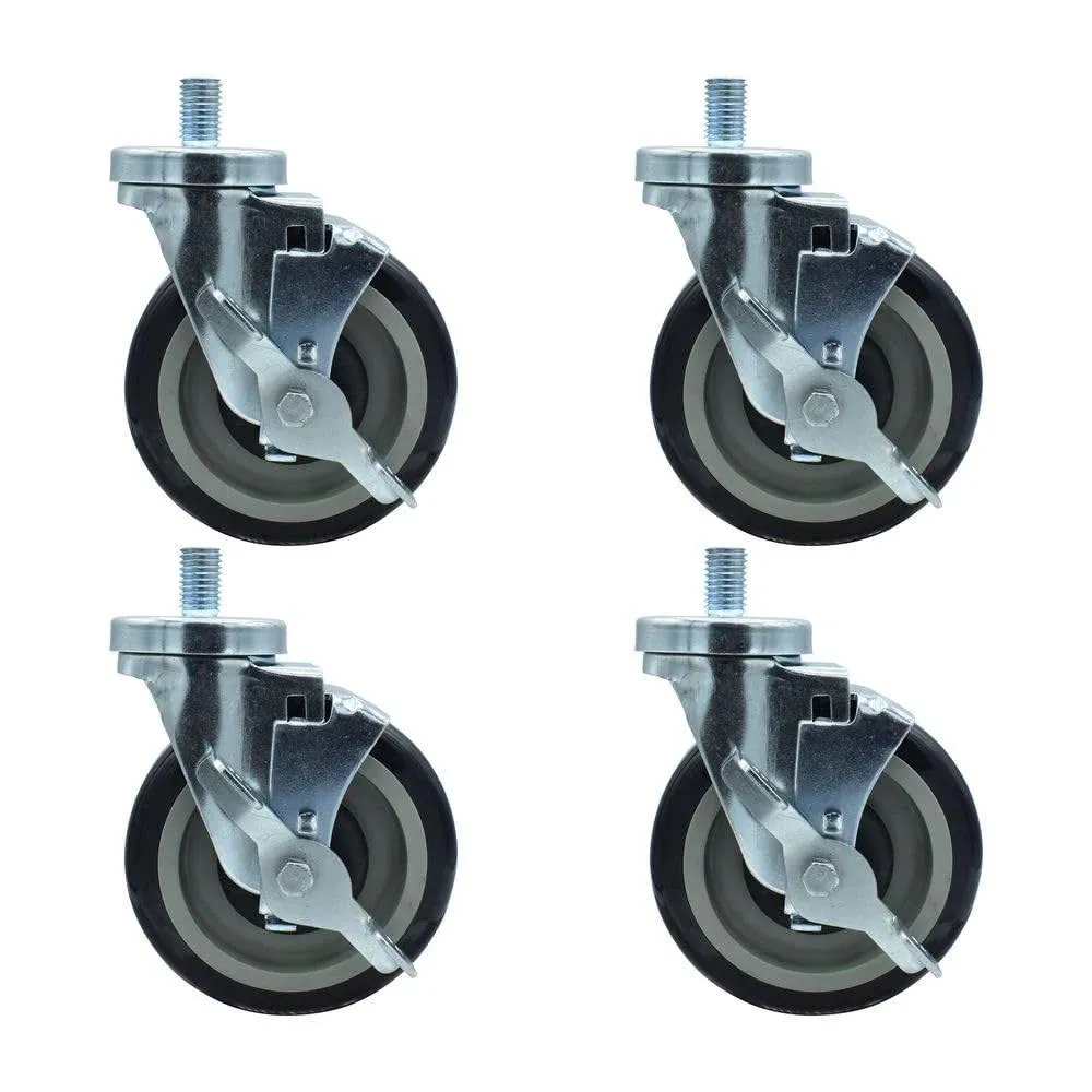 5-inch Threaded Stem Casters, Polyurethane Wheels, Top Lock Brake, 300lb Capacity, 4PK