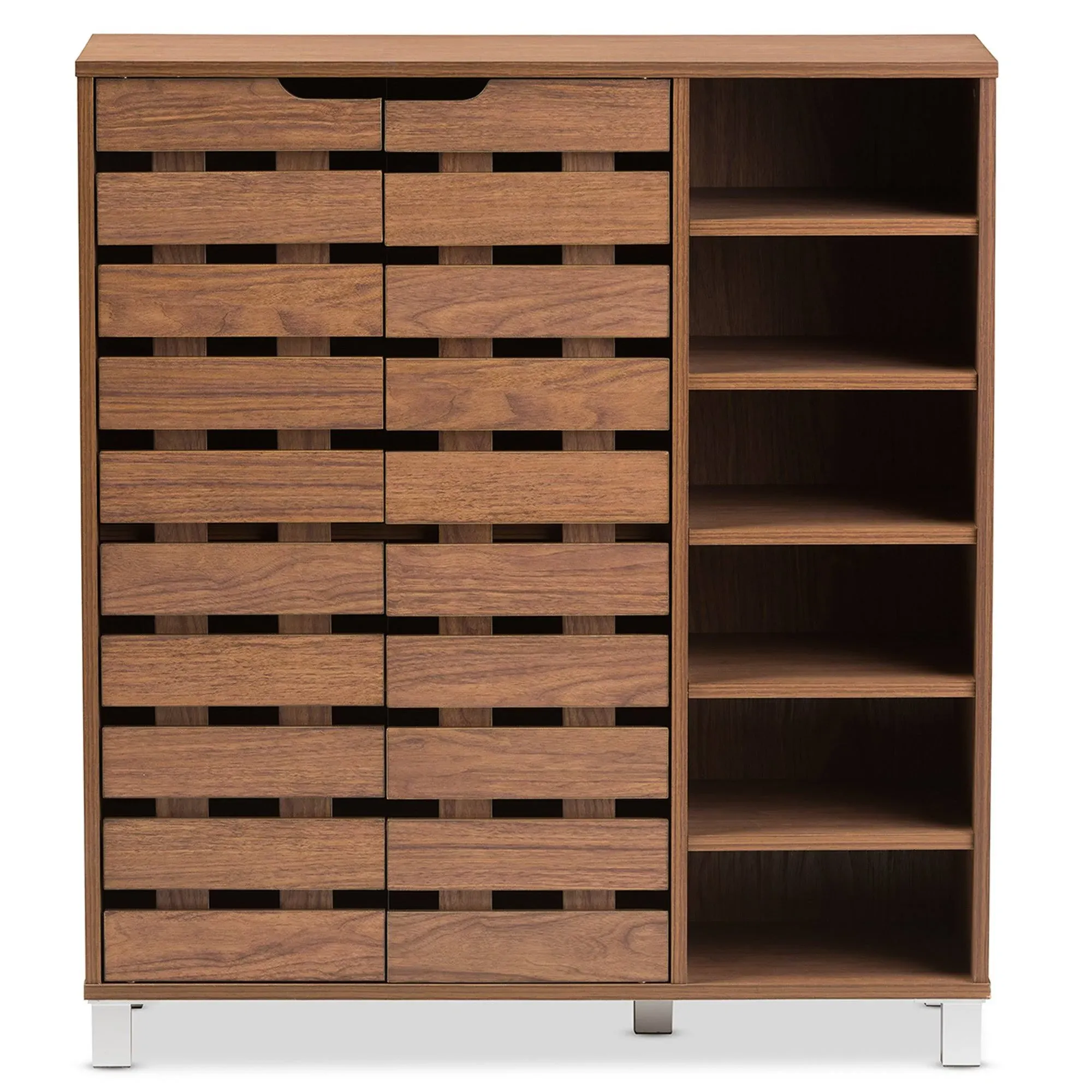 Baxton Studio Eloise Modern & Contemporary Beech Wood 2 Door Shoe Cabinet with Open Shelves Walnut