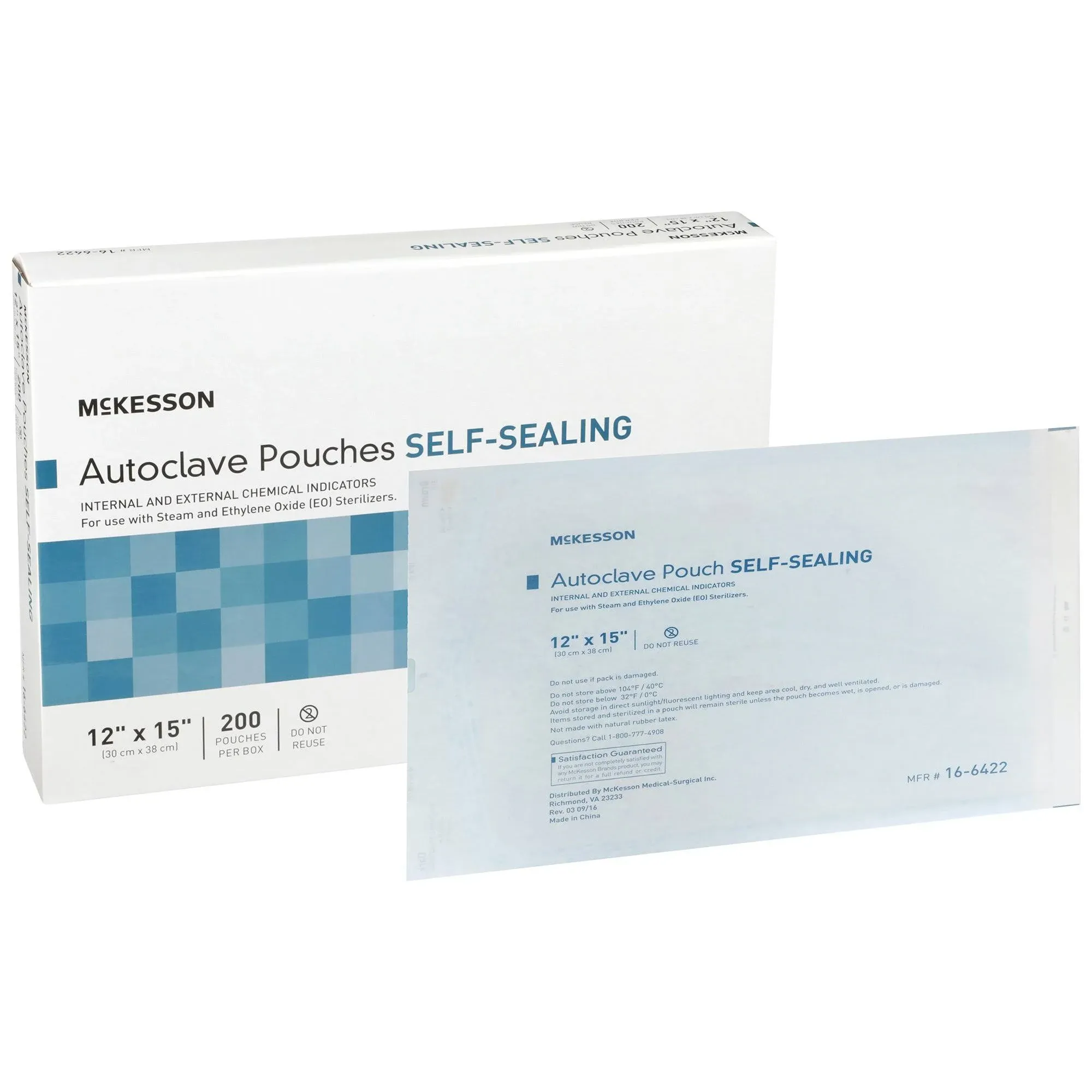 McKesson Sterilization Pouch EO Gas / Steam 12 X 15 Inch Transparent Blue / White Self Seal Paper / Film, 200EA/BX 