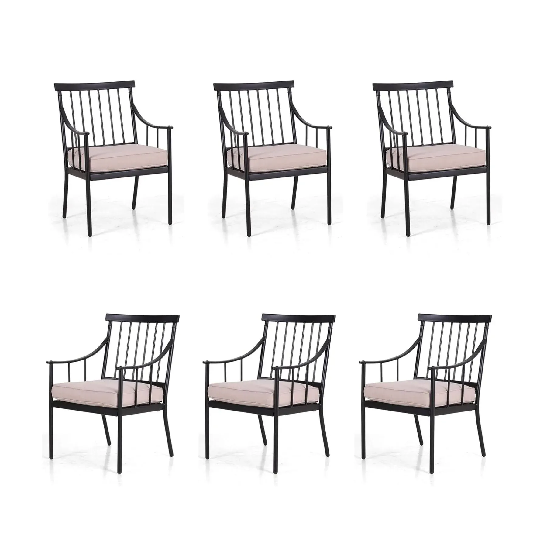 PHI VILLA Outdoor Metal Steel Dining Chairs with Cushion, Black Heavy-Duty Weatherproof Armchairs for Patio, Deck, Yard - Set of 6