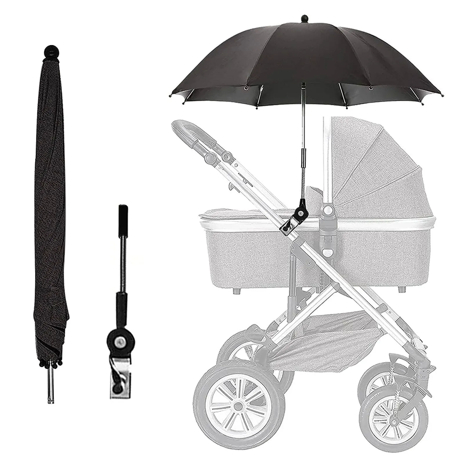 Baby Stroller Parasol, Universal Umbrella with Clamp, 360 Degree Adjustable UV Protection Stroller Sun Shade, Waterproof Umbrella for Trolley, Bike, Wheelchair, Beach Chair