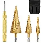 3Pcs Spiral Step Drill Bit Set with Automatic Spring Loaded Center Pun