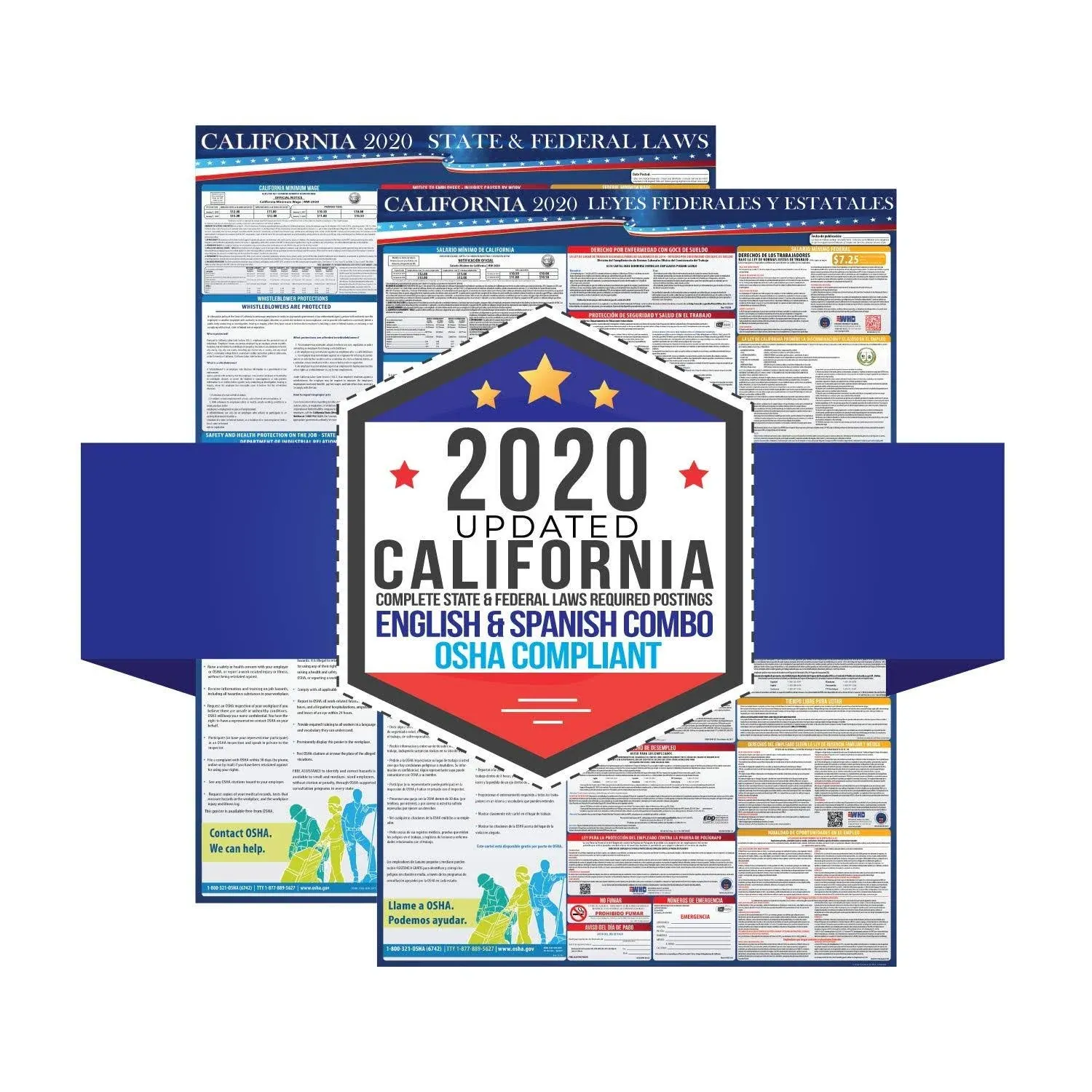 2024 California State and Federal Labor Laws Poster - Spanish English - All in One Required Compliance Posting 24" x 36" - Laminated (Combo)