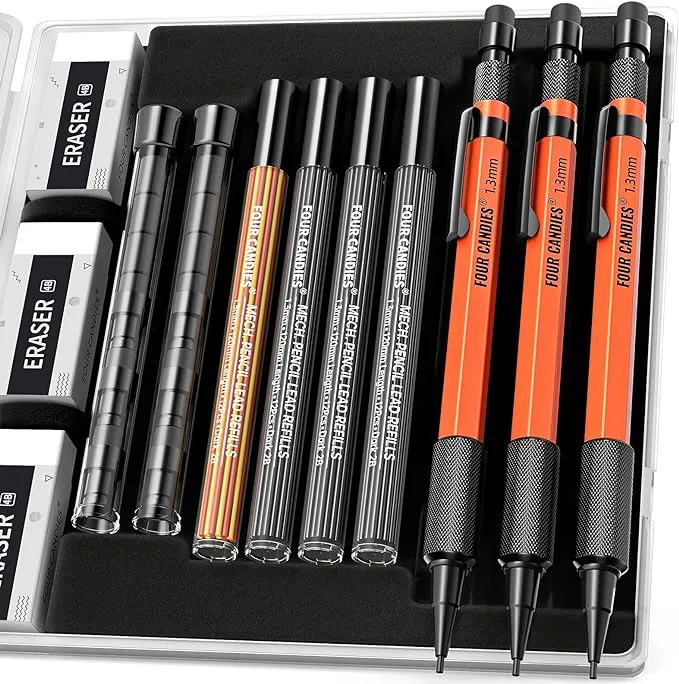 Four Candies 3PCS 1.3mm Mechanical Pencil Set with Case, Metal Heavy Duty Carpenter Pencils with 48 Refill(Red,Black,Yellow) 3Eraser, 12Eraser Refill, Weatherproof Body Outdoor Woodworking Marking