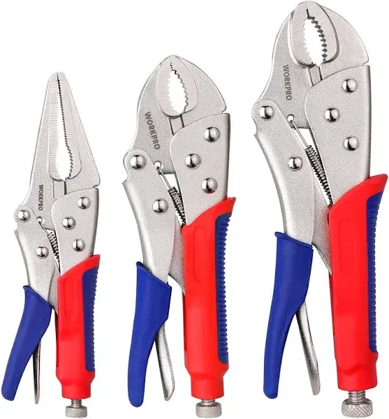 WORKPRO 3-piece Locking Pliers Set, 10-inch Curved Jaw, 7-inch Curved Jaw and 6-1/2-inch Straight Jaw