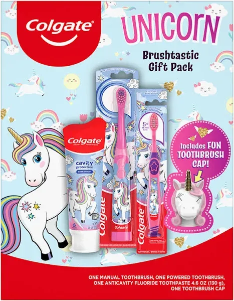 Colgate Kids Toothbrush Set with Toothpaste, Unicorn Gift Set, 1 Manual Toothbrush, 1 Battery-Powered Toothbrush and 1 Toothpaste