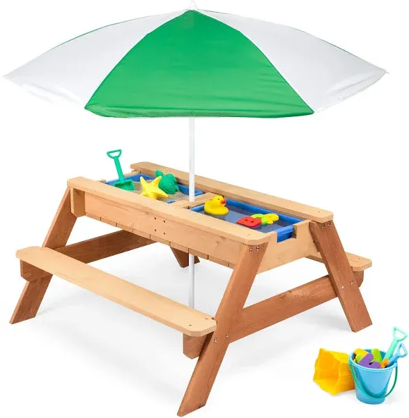 Best Choice Products Kids 3-in-1 Outdoor Convertible Wood Activity Sand Water Picnic Table w/ Umbrella