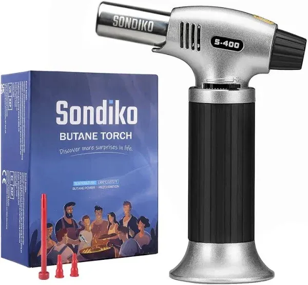 Sondiko Butane Torch S400, Refillable Kitchen Lighter, Fit All Butane Tanks Blow Torch with Safety Lock and Adjustable Flame for Desserts