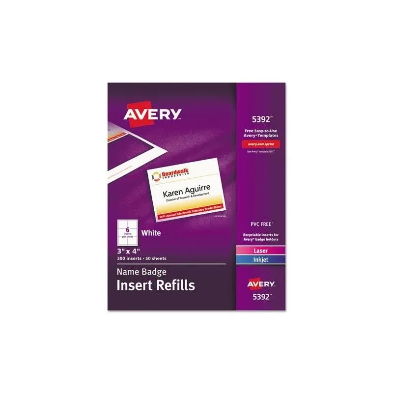 Avery Name Badge Insert Refills, Horizontal, 3 x 4, White, 300/Box